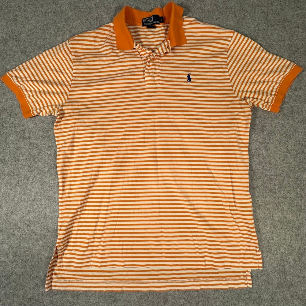 Polo Ralph Lauren Polo Shirt Large Orange Mens Striped Short Sleeve Cotton